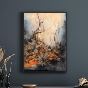 Arte de parede abstrata de outono – Pássaros migratórios e árvores sem folhas em tons de laranja e azul, pôster, decoração acima da cama - presente para casa nova