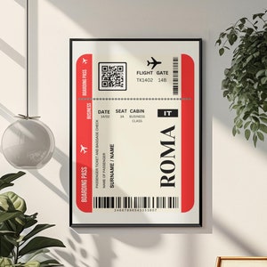 Poster con cornice per biglietto aereo rosso Roma - Poster con cornice per carta d'imbarco - Decorazione per appartamento - Poster con cornice per biglietto - Decorazione per ufficio - Regalo decorativo