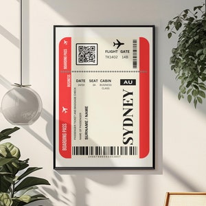 Cartaz emoldurado do bilhete vermelho de Sydney - Cartaz do bilhete vermelho de avião - Arte de parede emoldurada do bilhete aéreo - Arte em tela da cidade - Decoração de quarto - Presente para casa nova