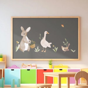 Póster adorable para habitación infantil con conejo, ganso y pájaro / Estampados de animales, Arte de pared para guardería, Arte de pared de animales, Póster de conejo, Póster de pájaro