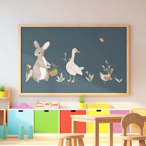 Póster adorable para habitación infantil con conejo, ganso y pájaro / Estampados de animales, Arte de pared para guardería, Arte de pared de animales, Póster de conejo, Póster de pájaro