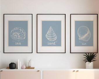 Coastal Sea Life Pastel Wall Art Set of 3,Light Blue Serene Sea Print, Minimalist Ocean Decor, Minimalist Seaside Decor