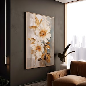 Elegante goud-witte bloemenolieverfschilderij, getextureerde abstracte bloem muurkunst, moderne botanische ingelijste poster