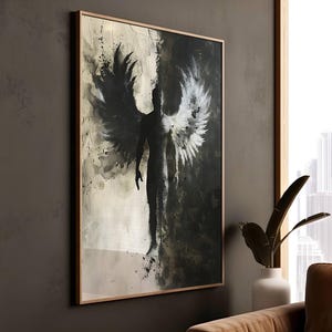Art mural ange clair et sombre, impression abstraite de silhouette d'ange, déco ange mâle moderne, décoration abstraite sur toile contrastée