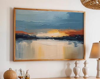 Framed Abstract Landscape Wall Art, Modern Sunset Painting Print, Blue & Gold Textured Art, Large Contemporary Artwork