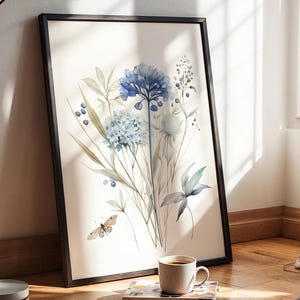 Impression d&#39;hortensias bleus et de fleurs sauvages, art mural botanique aquarelle, beaux-arts floraux, décoration cottagecore neutre, peinture de jardin de printemps