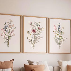 Wildflower muurkunst set van 3, botanische bohoprints, aquarel bloemposter, drieluik natuurkunst, cadeau kinderkamer en nieuw huis