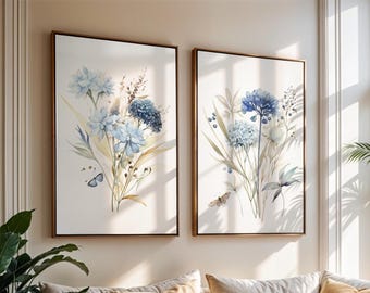 Blue Hydrangea Watercolor Print Set: Botanical Wall Art