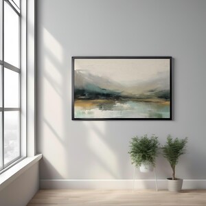 May include: Abstract landscape painting with a muted color palette of greens, blues, and browns. The painting depicts a misty scene with a body of water in the foreground and hills in the background.