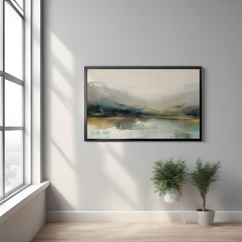 May include: Abstract landscape painting with a muted color palette of greens, blues, and browns. The painting depicts a misty scene with a body of water in the foreground and hills in the background.