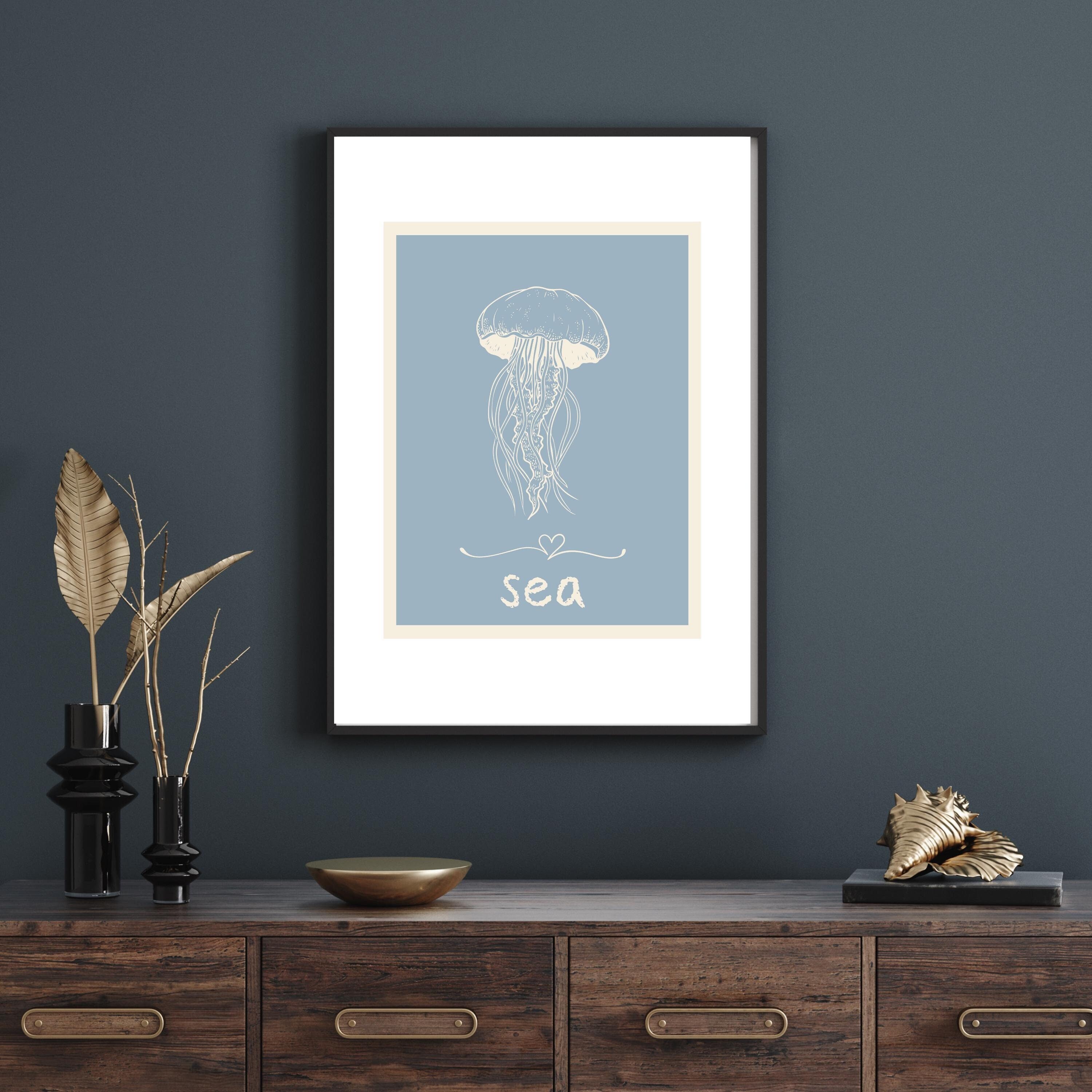 Coastal Sea Life Pastel Wall Art,Light Blue Serene Sea Jellyfish Print, Minimalist Ocean Decor, Minimalist Seaside Decor