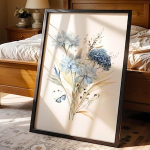 Impression d&#39;hortensias bleus, art mural aquarelle d&#39;hortensias, beaux-arts floraux, décoration botanique neutre, peinture de fleurs sauvages de printemps