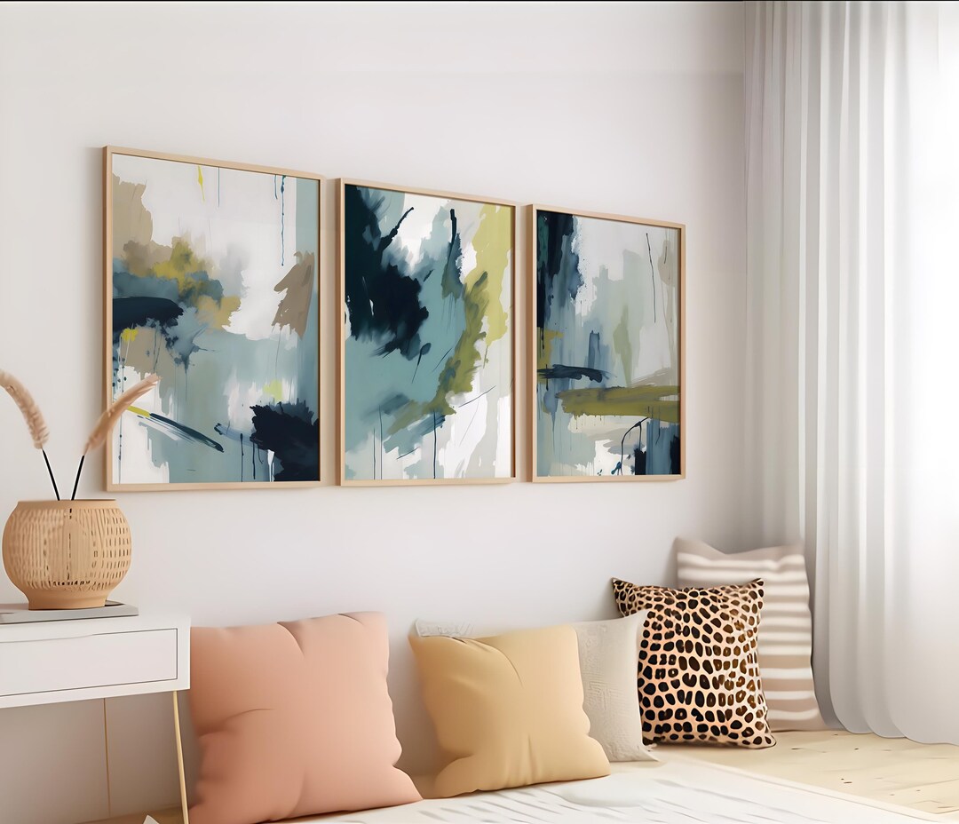Set of 3 Blue Abstract Wall Art, Modern Minimalist Painting, Neutral ...