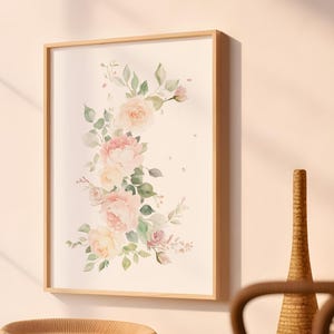 Arte de pared con rosas ruborizadas, impresión de póster floral, pintura botánica neutra, decoración de flores rosas, arte pastel para dormitorio o guardería.