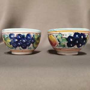 Pode incluir: Duas tigelas de cer&acirc;mica branca com um desenho de uvas azuis, verdes, amarelas e laranja.