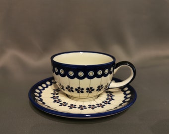 Boleslawicz Handmade in Poland Vintage Ceramic Tea Cup and Saucer with Traditional Design.