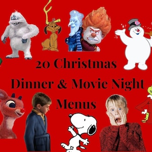 20 Christmas Dinner & Movie Night Menus | Red | Digital Download | Directions Included