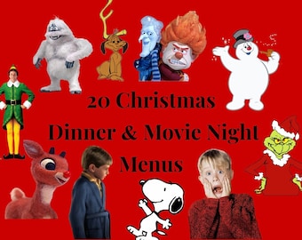 20 Christmas Dinner & Movie Night Menus | Red | Digital Download | Directions Included