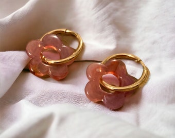 Stainless steel hoop earrings and pink resin flowers artisanal earrings for women