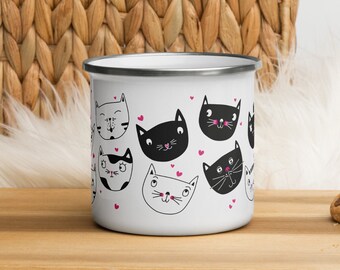 Enamel cup "funny cat heads" black cat, gift for cat owners, coffee cup with cats, housewarming gift kitchen, for her