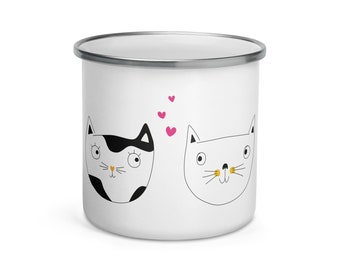 Enamel cup "cats in love", coffee mug with cats, gift cat owners, pets, cat faces on coffee mug, cup cat