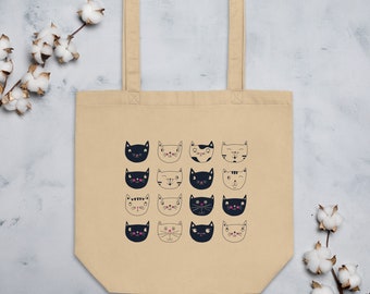 Organic fabric bag "Cat faces", bags with cats, cat heads on fabric bags, funny cats