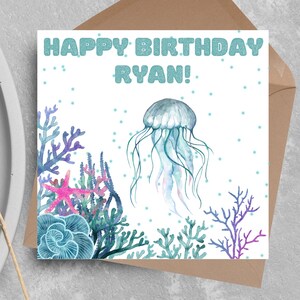 Tarjeta de cumpleaños personalizada de medusa, tarjeta de vida marina, tarjeta de biólogo marino, tarjeta de arrecife de coral, tarjeta para niño, tarjeta para adulto, tarjeta de nombre