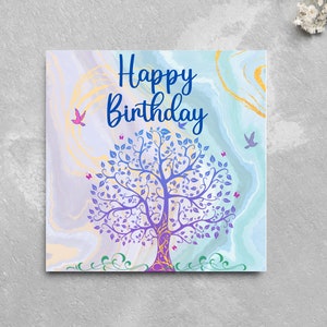 Cartão de aniversário da árvore genealógica, cartão de feliz aniversário da árvore da vida, cartão de aniversário em aquarela, aniversário para a mãe, cartão de aniversário para ela