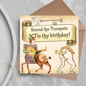 Medeltida rumptrumpetfödelsedagskort, roligt marginalkort, oförskämt födelsedagskort för vän, för bror, för syster