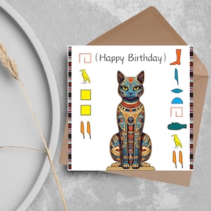 Carte d'anniversaire chat égyptien, joyeux anniversaire hiéroglyphe, carte d'anniversaire égyptologie, carte d'anniversaire chat mignon, carte égyptienne, carte Ankh,
