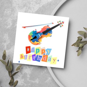 Tarjeta de cumpleaños con violín colorido y salpicaduras de pintura. Tarjeta de violín, violinista, orquesta, tarjeta musical, tarjeta para músico, tarjeta de cumpleaños moderna