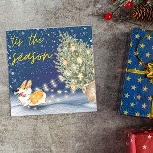 Delightful Christmas corgi card, naughty corgi stealing christmas lights off the tree, dog lover card, dog xmas card, christmas card