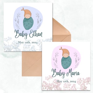 Gepersonaliseerde nieuwe babykaart, babymeisje, babyjongen, naam, kleuropties, babykaart, geboortekaartje, pasgeboren kaart
