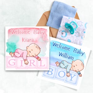 Carte personnalisée de bébé, bébé garçon, petite fille, félicitations, carte de bébé rose ou bleue, bienvenue dans le monde, naissance, carte de nouvelle maman, personnalisée