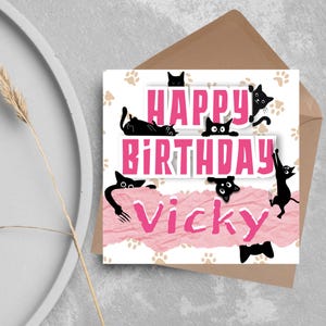 Carte d'anniversaire personnalisée chat noir, rigolotes de dessins animés de chats, personnalisation gratuite, carte d'anniversaire pour ami, carte pour fille, soeur, fille