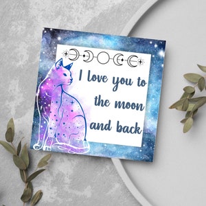 Biglietto d'amore "Ti amo", biglietto d'auguri con gatto, biglietto "Ti amo", biglietto Wicca, Wiccan, biglietto della galassia, biglietto con stelle e luna, luna e stelle
