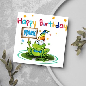 Tarjeta de cumpleaños personalizada de rana, diseño divertido de rana, tarjeta para amantes de las ranas, tarjeta de rana, tarjeta de cumpleaños con nombre, tarjeta de cumpleaños para niños