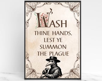 Wash Your Hands Sign, A4 Print, High Quality Poster, Medieval Poster, Plague Mask Art, Funny Print for Bathroom, Gothic Decor, Toilet Print