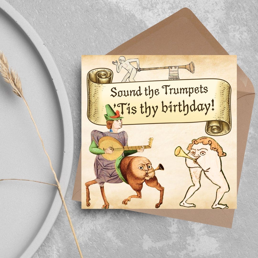 Marginalia Rude Medieval Butt Trumpet Birthday Card, Funny Marginalia Card, Rude ...