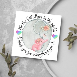 Biglietto di auguri di compleanno a forma di elefante per la mamma, Migliore mamma, Elefante, Mamma e bambino, Biglietto di auguri per la mamma, Grazie mamma, Biglietto acquerello