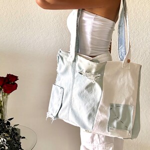 Light Blue and White Denim Tote Bag