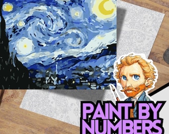 Starry Night Paint by Numbers Printable, Van Gogh Inspired Color by Number, Night Sky Art Coloring Page, Digital Download US Letter