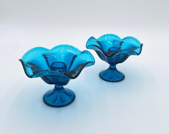Vintage Viking glazen blauwe kandelaars, kunstglaspaar, interieur uit het midden van de eeuw