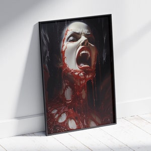 Vampir Horror Kunstdruck | Dark Fantasy Gothic Dekor | Blutgetränkter Vampir-Schrei-KI-Wandkunst für gotische Ästhetik