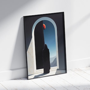 Surreale dunkle Fantasy Kunstdruck | Mysteriöse Umhangfigur Unter dem Blutmond | AI Wandkunst für Gothic & Minimalist Decor | Dark Fantasy Druck