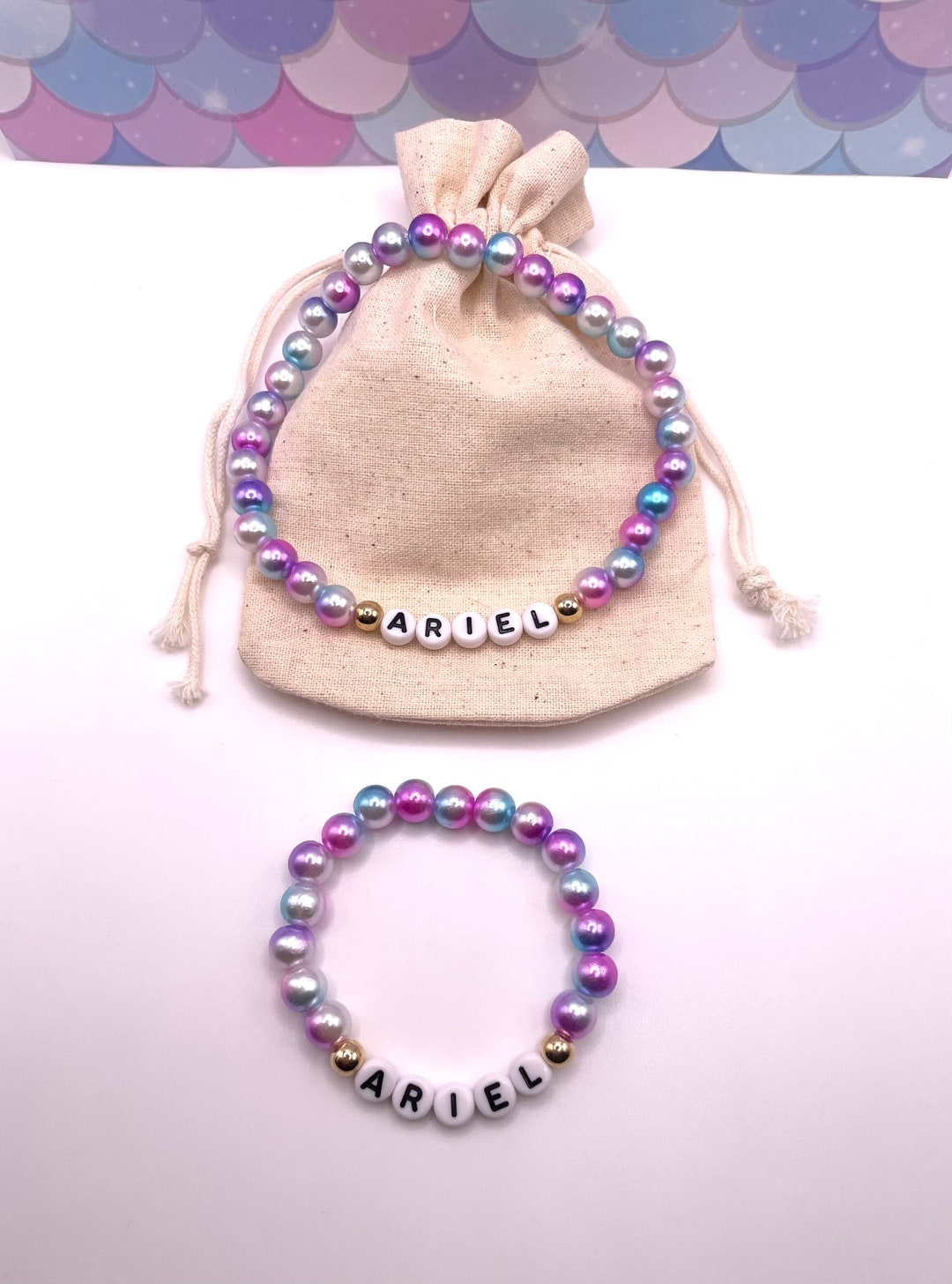 Kids Custom Mermaid Name Necklace and Bracelet Set, Stretchy Necklace