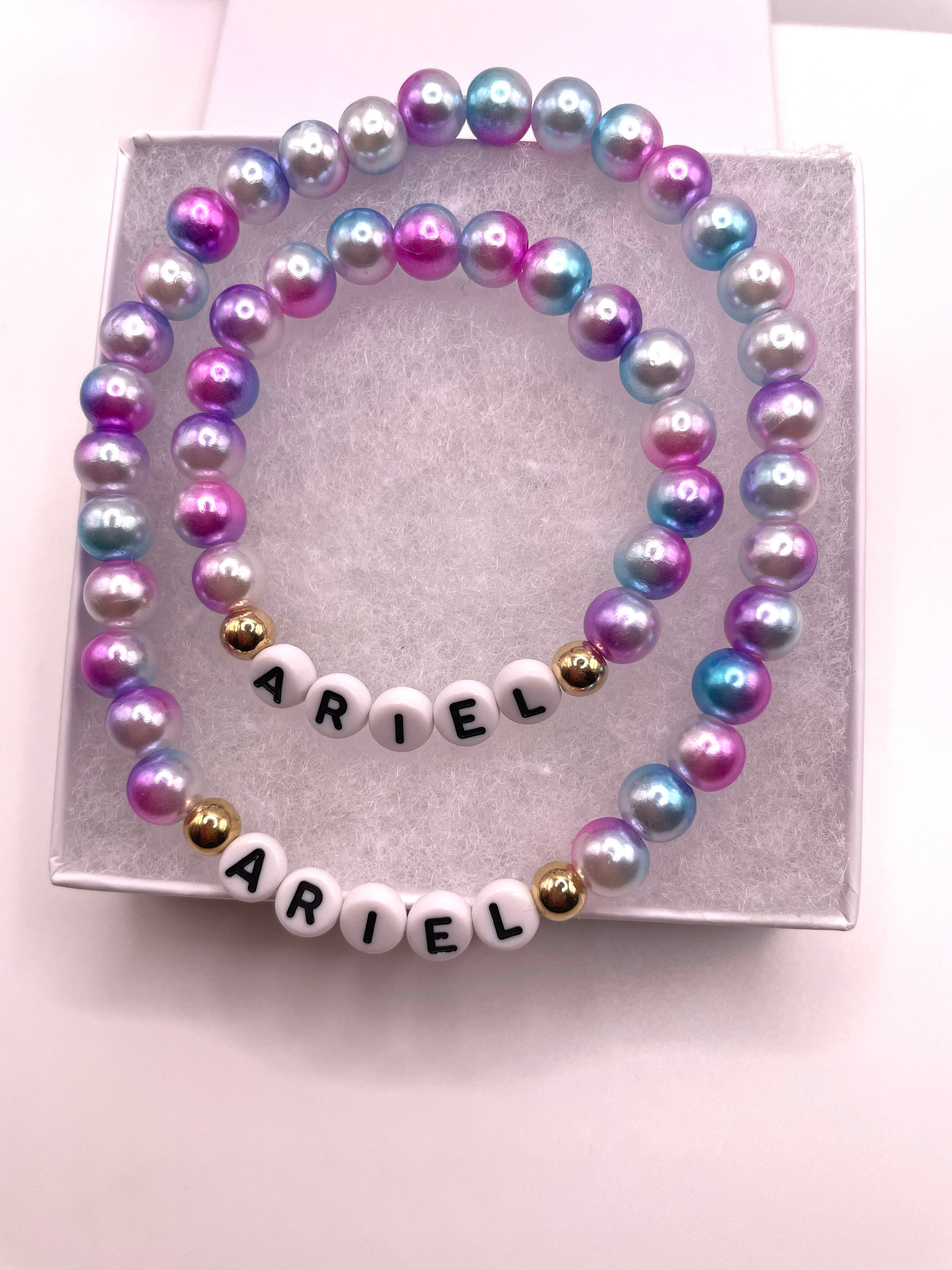 Kids Custom Mermaid Name Necklace and Bracelet Set, Stretchy Necklace