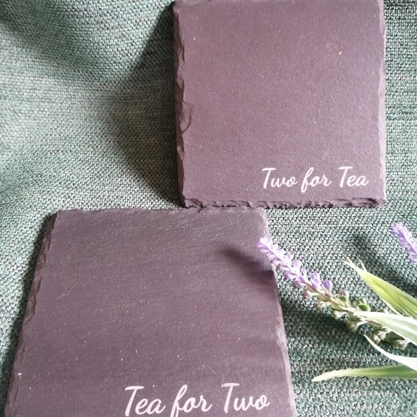 Reclaimed hand cut coasters with engraved saying 'Two for tea' & 'Tea for two'. Lovely gift idea. Set of 2.