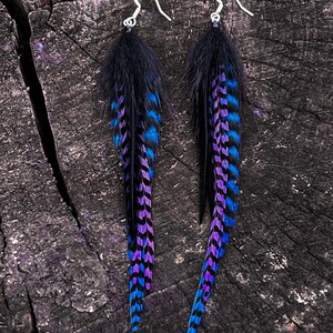 Hand-tied Feather Earrings, Black/Purple/Blue, ~6”