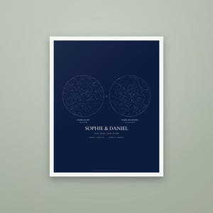 Könnte beinhalten: Ein dunkelblaues rechteckiges Poster mit zwei kreisförmigen Sternenkarten nebeneinander. Der Text lautet SOPHIE & DANIEL, THIS SHEL ONE STORY, WHERE WE MET, WHERE WE MARRIED, inklusive Daten. Das Design verwendet weiße Linien und Punkte.